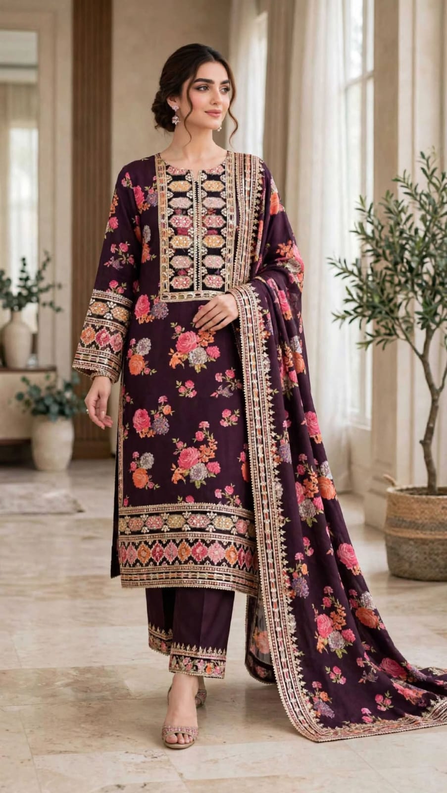 Emroz Dhanak Embroidered 3-Piece Suit