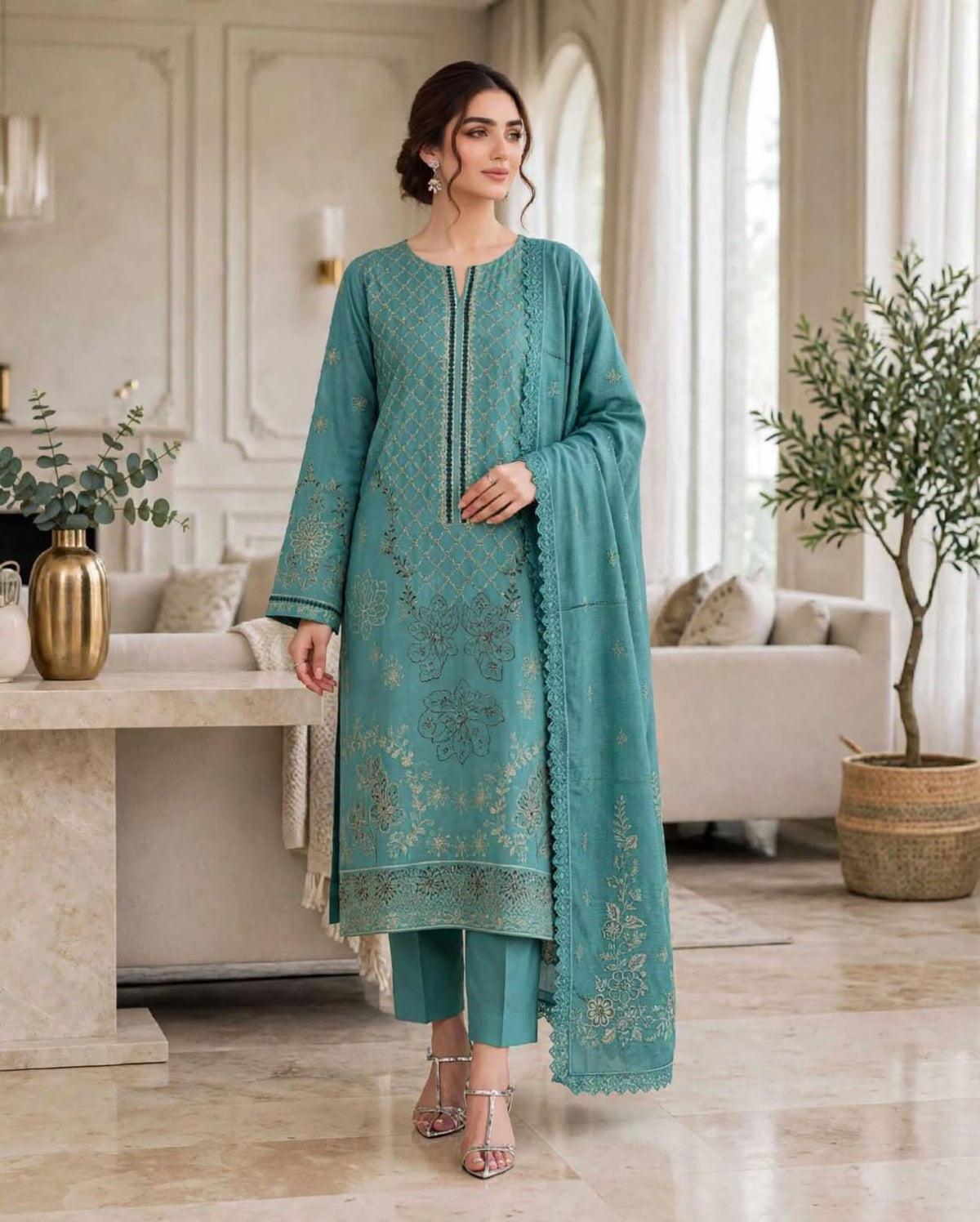 Emroz Dhanak Jacquard Embroidered 3-Piece