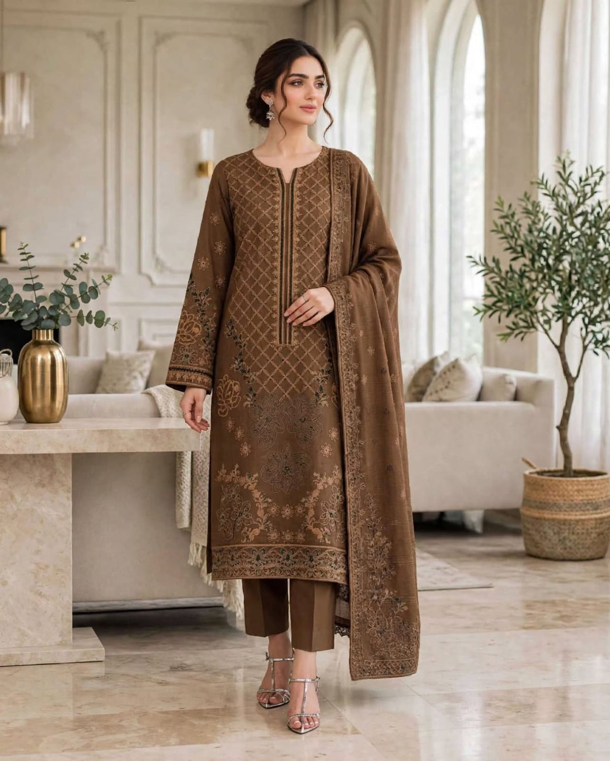 Emroz Dhanak Jacquard Embroidered 3-Piece