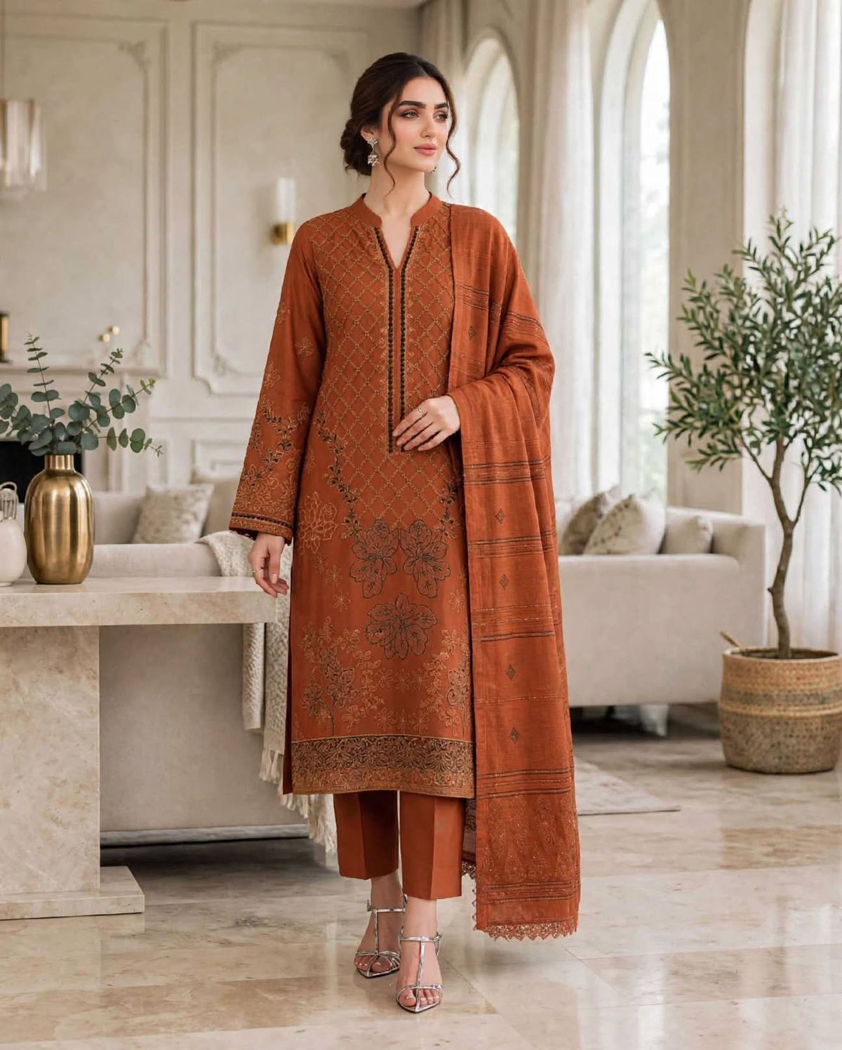 Emroz Dhanak Jacquard Embroidered 3-Piece
