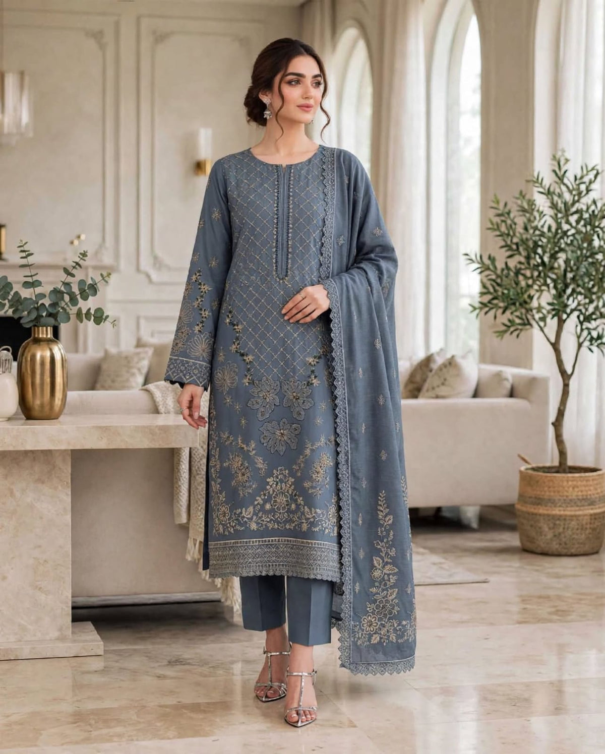 Emroz Dhanak Jacquard Embroidered 3-Piece