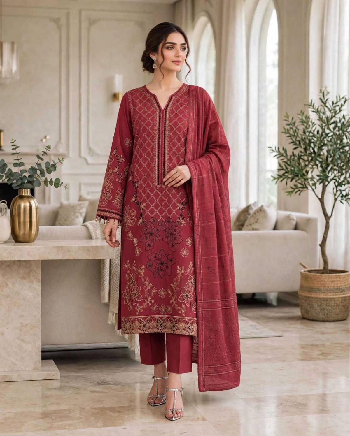 Emroz Dhanak Jacquard Embroidered 3-Piece