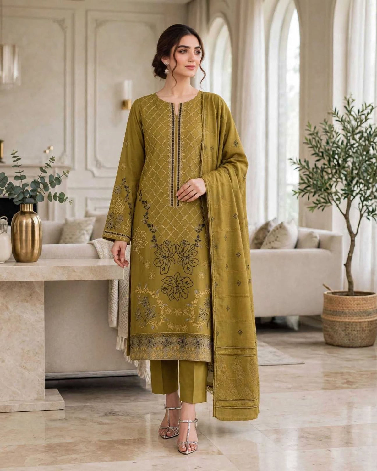 Emroz Dhanak Jacquard Embroidered 3-Piece