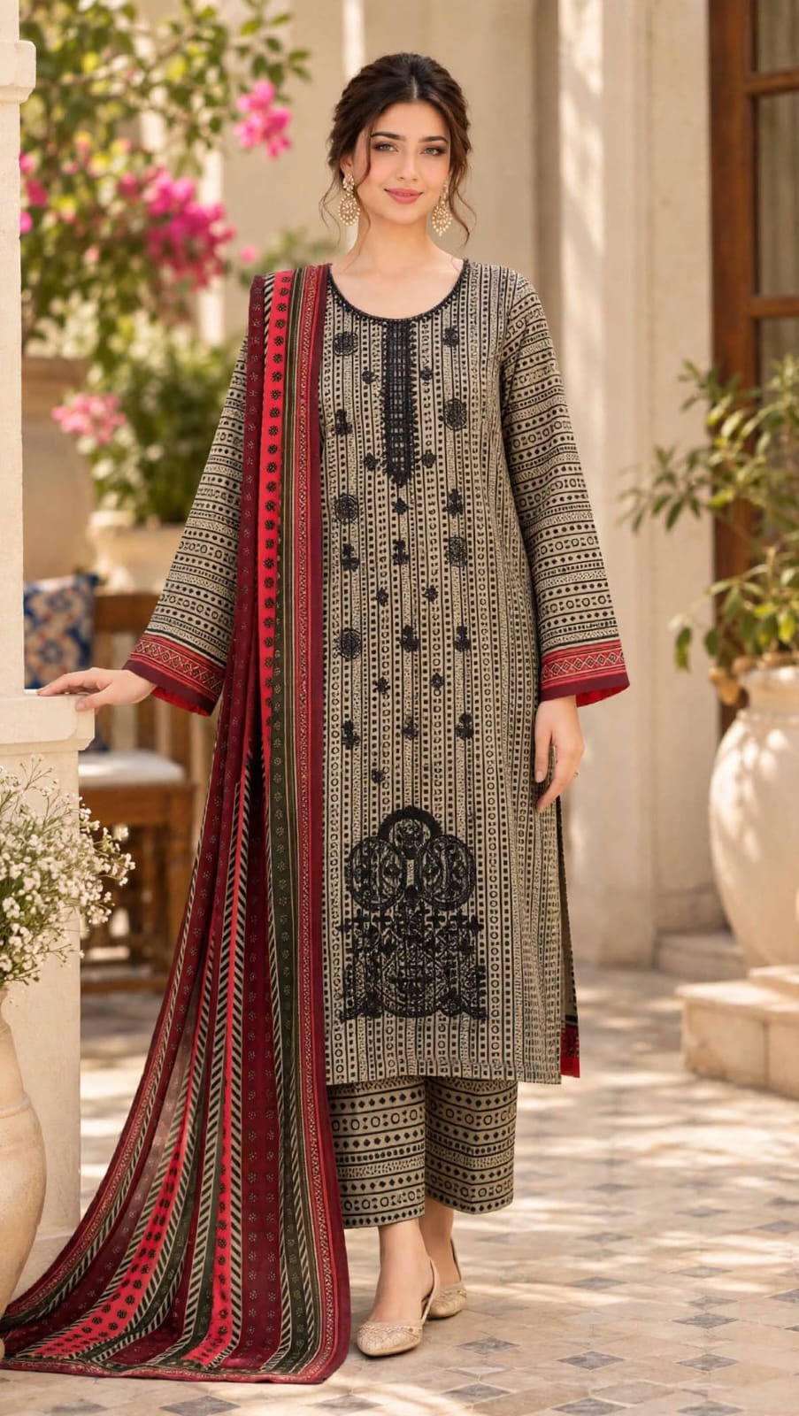 Emroz Linen Print Embroidered 3-Piece